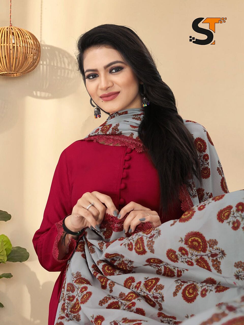 Red Heavy Rayon Gown with Geogette Dupatta shopindi.sg