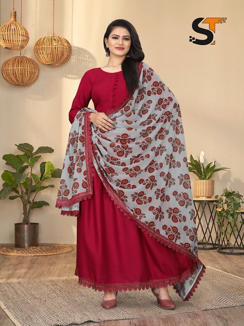Red Heavy Rayon Gown with Geogette Dupatta shopindi.sg