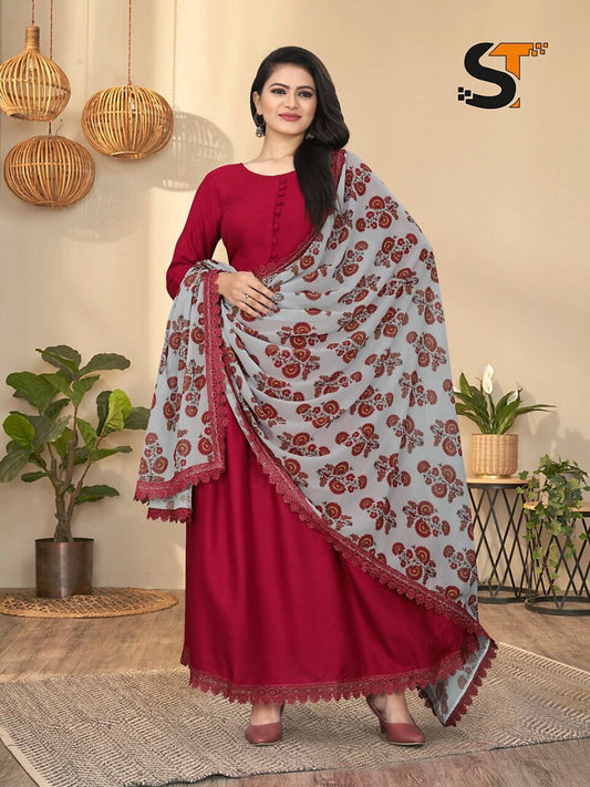 Red Heavy Rayon Gown with Geogette Dupatta shopindi.sg