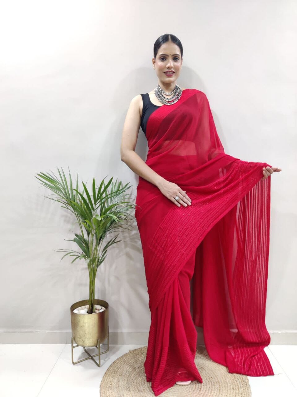 Red Sequence Work Georgette Readymade Saree Shopin Di Apparels