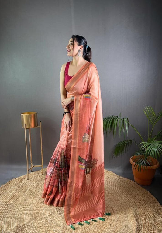Red Soft Kashmiri Pashmina silk weaving saree with Kalamkari Digital print Shopin Di Apparels