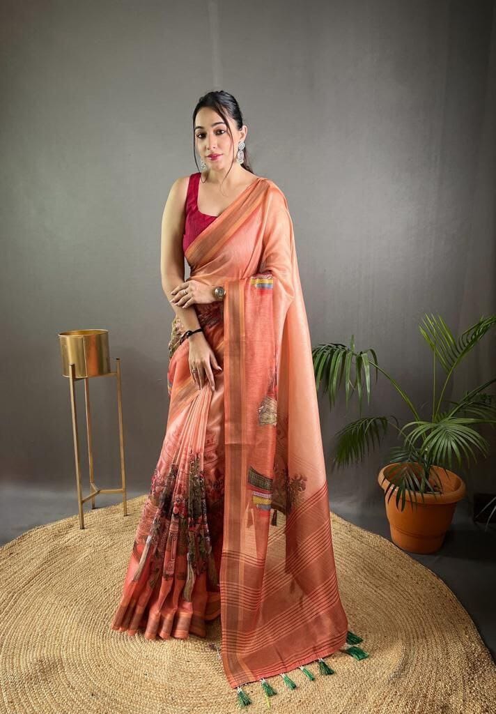 Red Soft Kashmiri Pashmina silk weaving saree with Kalamkari Digital print Shopin Di Apparels