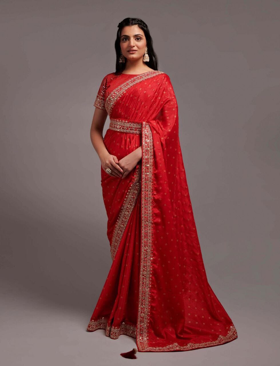 Red Zari Work Chinon Designer Saree Designer Saree Shopin Di Apparels