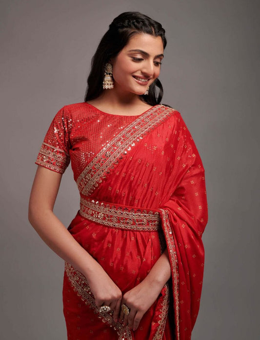 Red Zari Work Chinon Designer Saree Designer Saree Shopin Di Apparels