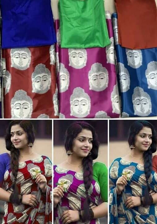 Satin Kalamkari Buddha Printed Saree with Plain Raw Silk Blouse Saree Shopin Di Apparels