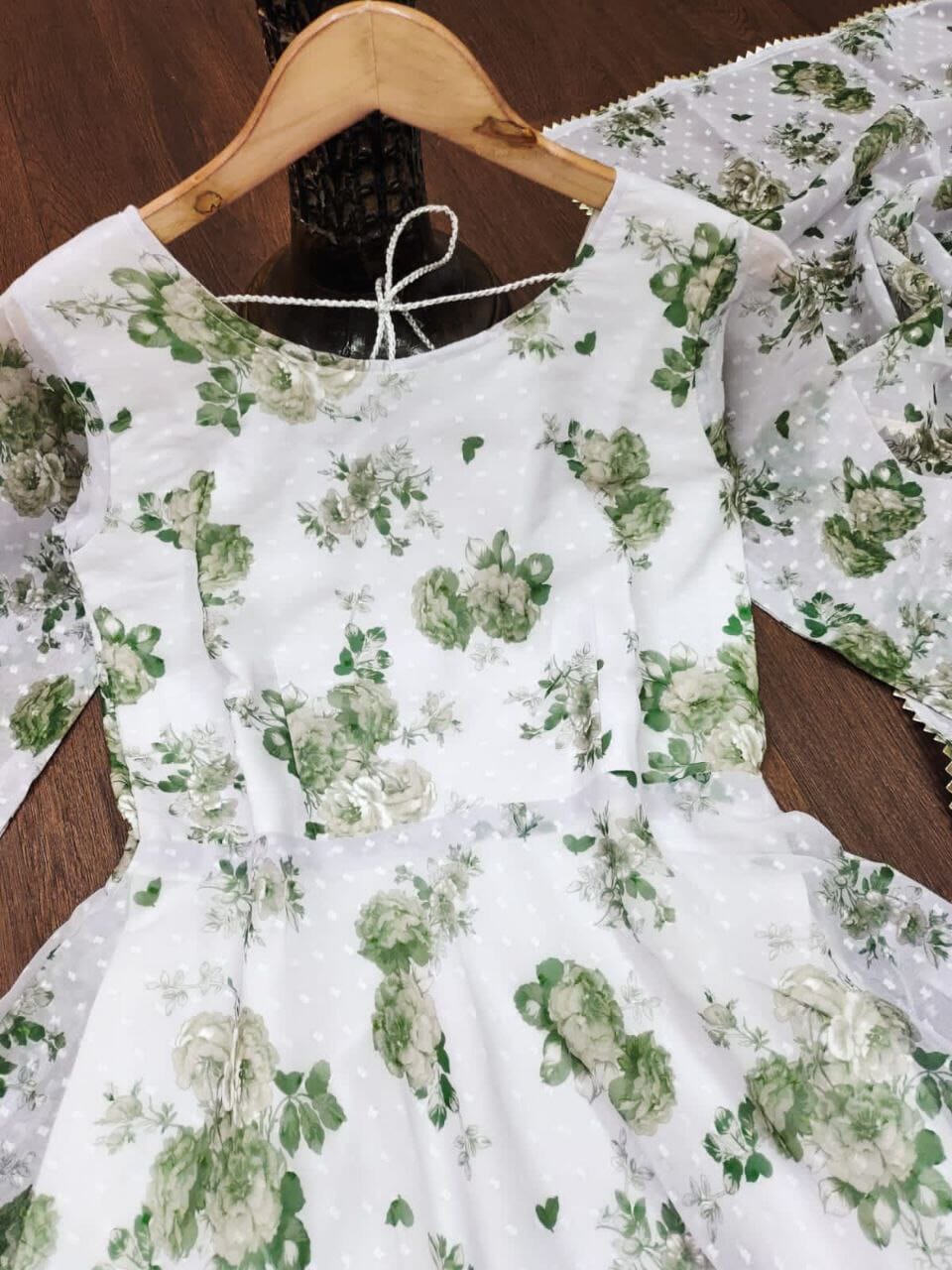 Solid Butti Georgette Green Floral Printed Maxi Gown with Dupatta Gown shopindi.sg