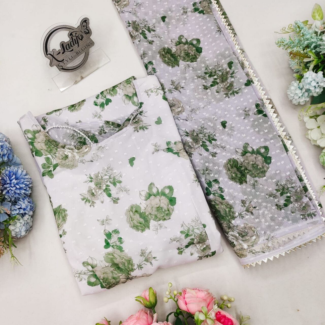 Solid Butti Georgette Green Floral Printed Maxi Gown with Dupatta Gown shopindi.sg