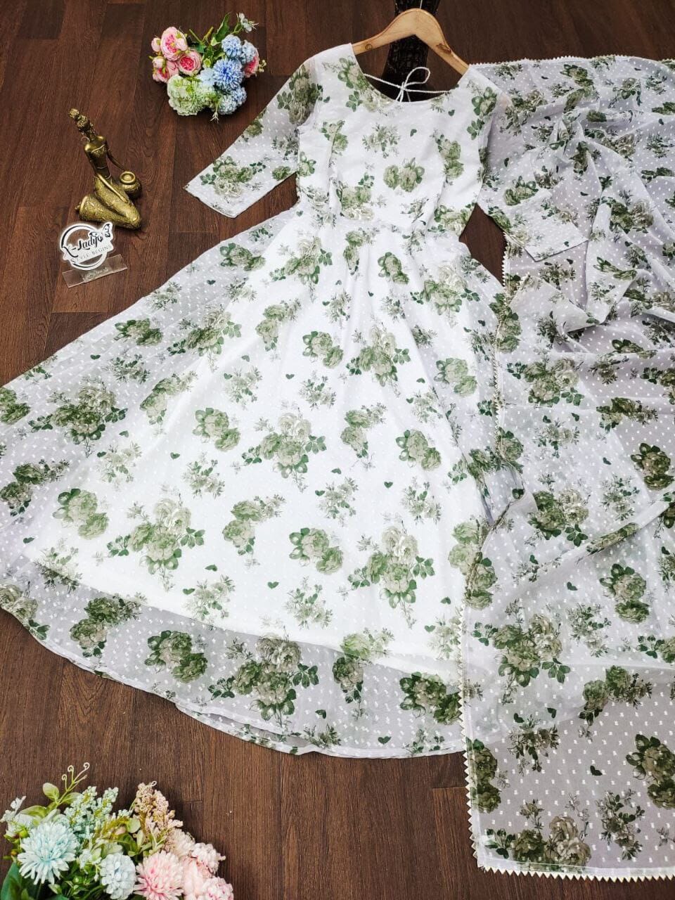 Solid Butti Georgette Green Floral Printed Maxi Gown with Dupatta Gown shopindi.sg