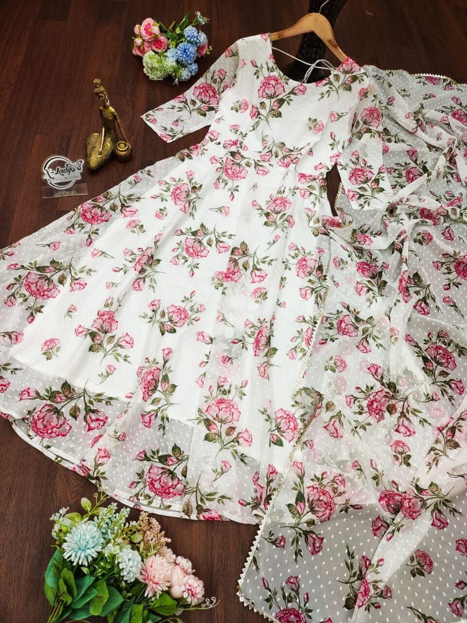 Solid Butti Georgette Rose Floral Printed Maxi Gown with Dupatta Gown shopindi.sg