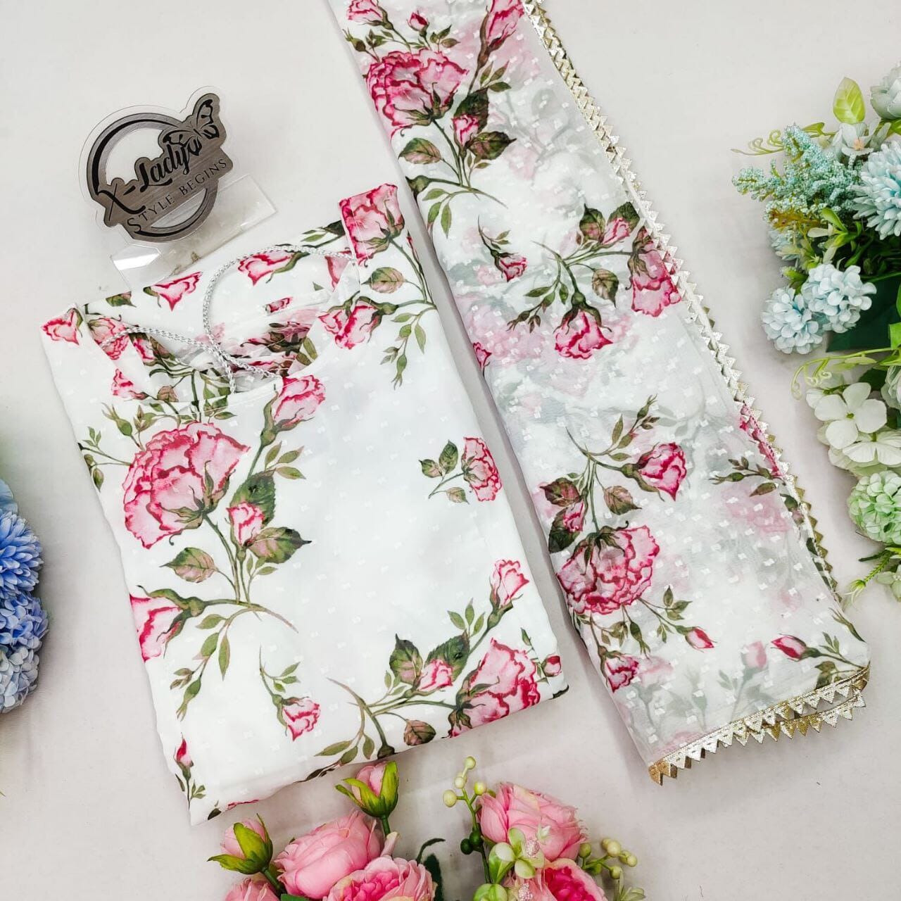 Solid Butti Georgette Rose Floral Printed Maxi Gown with Dupatta Gown shopindi.sg