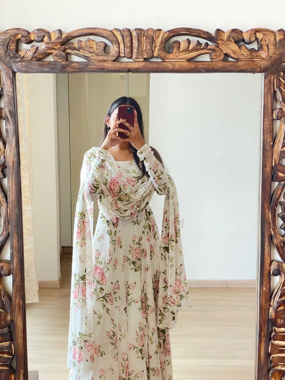 Solid Butti Georgette Rose Floral Printed Maxi Gown with Dupatta Gown shopindi.sg