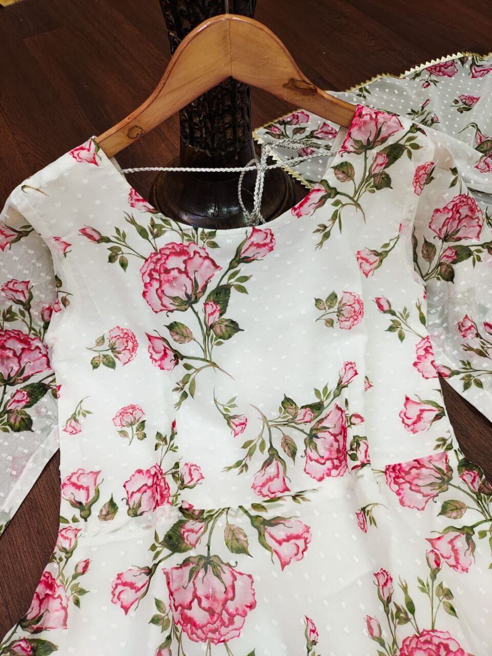 Solid Butti Georgette Rose Floral Printed Maxi Gown with Dupatta Gown shopindi.sg