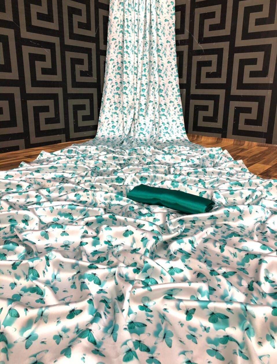 Turquoise Blue Petals Digital printed Japan Satin Saree with Satin Blouse Satin Saree Shopin Di Apparels