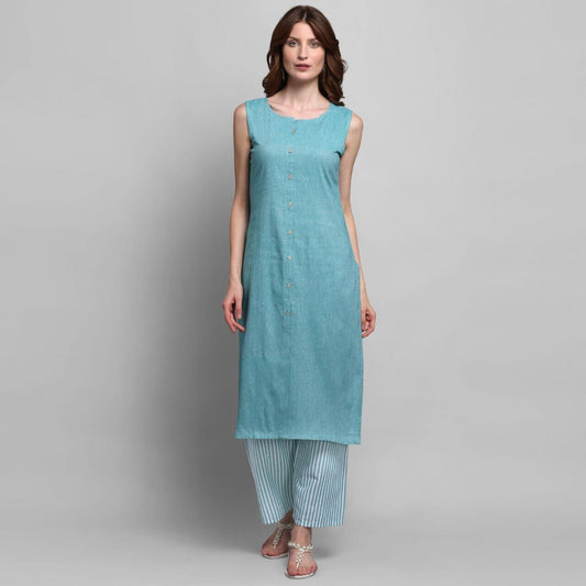 Turquoise Pure Cotton Kurti with Matching Palazzo Set Kurti with Plazzo Shopin Di Apparels
