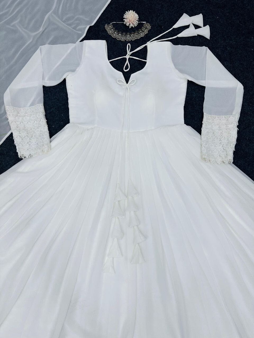 White Faux eorgette Gown with Lace work and Dupatta Gown with Dupatta Shopin Di Apparels