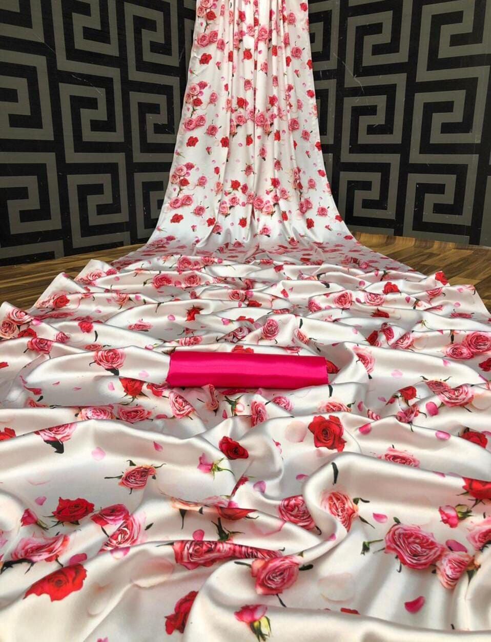 White Red Roses Digital printed Japan Satin Saree with Satin Blouse Satin Saree Shopin Di Apparels