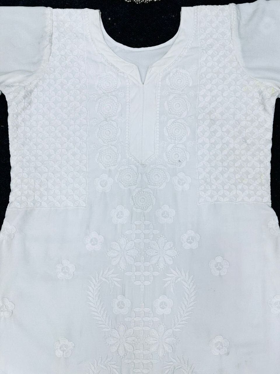 White & White Rayon Embroidered Kurti with Pant Kurti with Pant Shopin Di Apparels