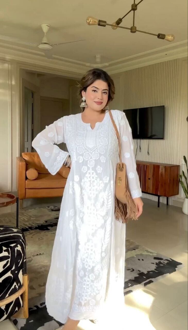 White & White Rayon Embroidered Kurti with Pant Kurti with Pant Shopin Di Apparels