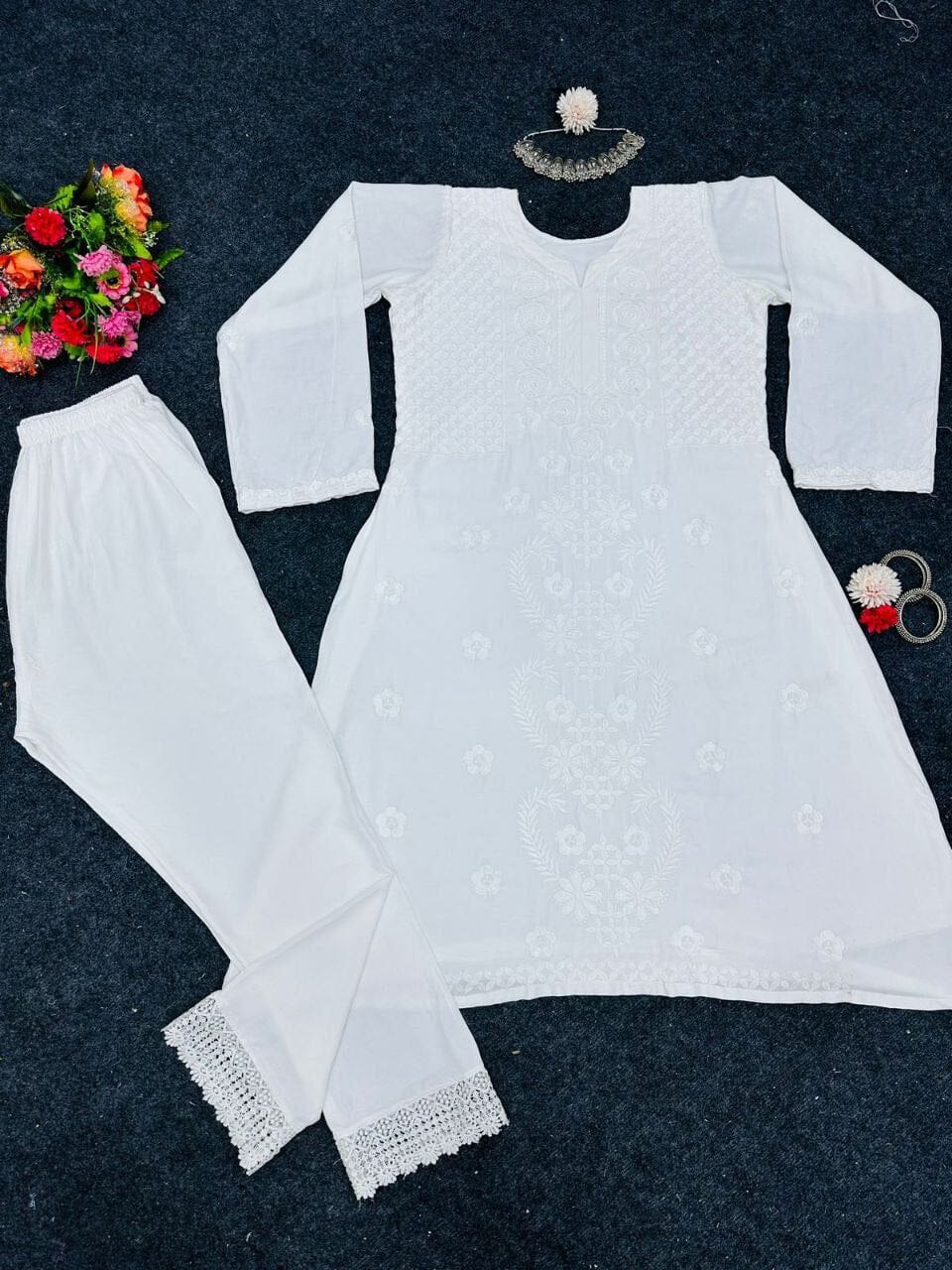 White & White Rayon Embroidered Kurti with Pant Kurti with Pant Shopin Di Apparels