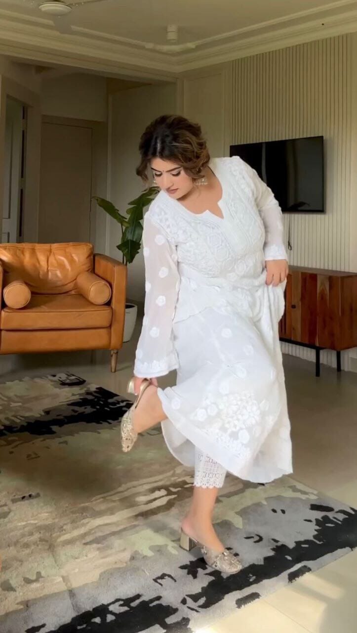 White & White Rayon Embroidered Kurti with Pant Kurti with Pant Shopin Di Apparels