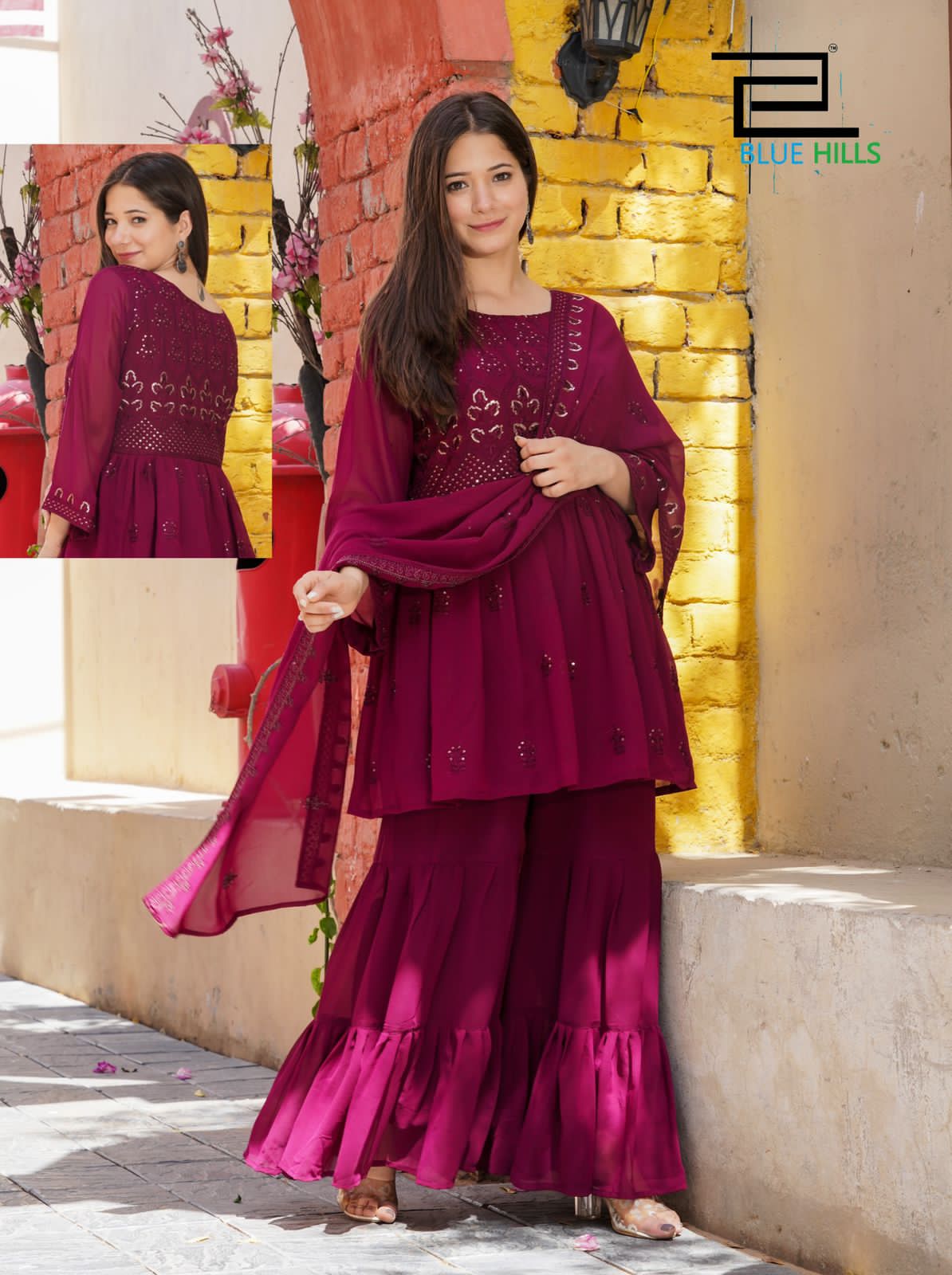 Wine Fancy Wear Georgette Sharara Suit Designer Suits Shopindiapparels.com