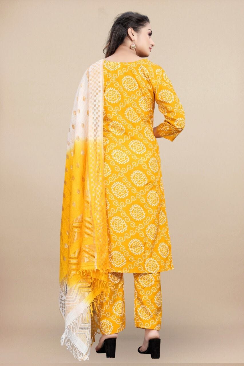 Yellow Bandhani Printed Rayon Straight Cut Suit Designer Suits shopindi.sg