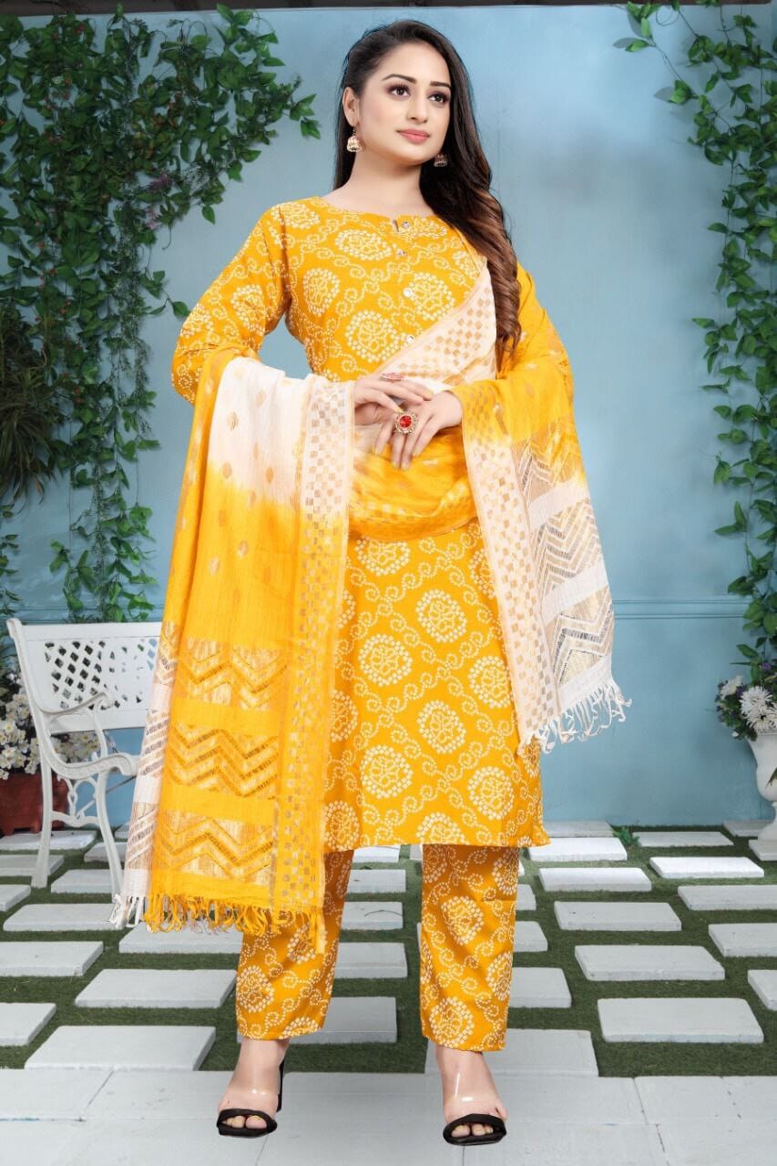 Yellow Bandhani Printed Rayon Straight Cut Suit Designer Suits shopindi.sg