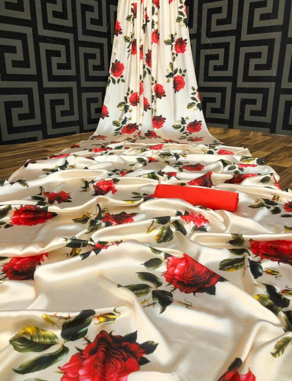 Yellow Floral Digital printed Japan Satin Saree with Satin Blouse Satin Saree Shopin Di Apparels