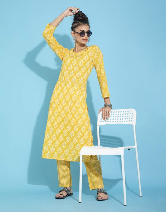 Yellow Pure Cotton Printed Kurti with Pant Set Kurti with Pant shopindi.sg