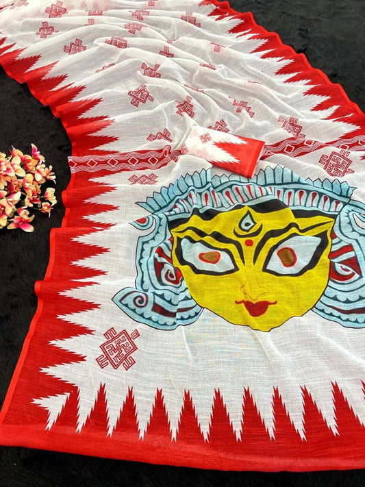 (01) Navratri Special Plain Linen Digital Print Saree and Blouse Designer Saree Shopin Di Apparels