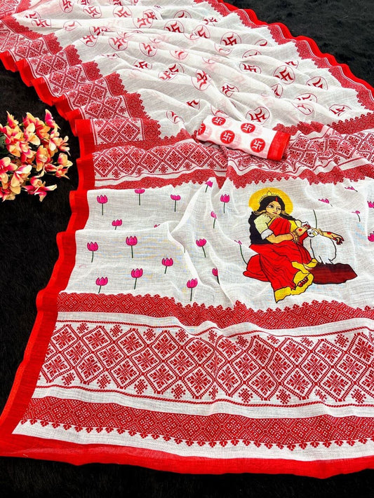 (02) Navratri Special Plain Linen Digital Print Saree and Blouse Designer Saree Shopin Di Apparels