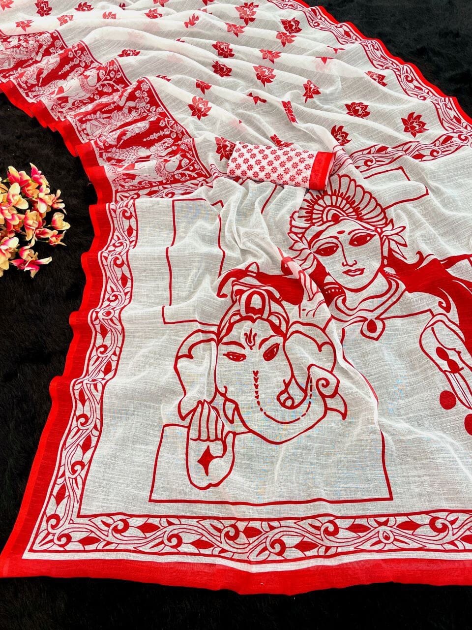 (03) Navratri Special Plain Linen Digital Print Saree and Blouse Designer Saree Shopin Di Apparels 