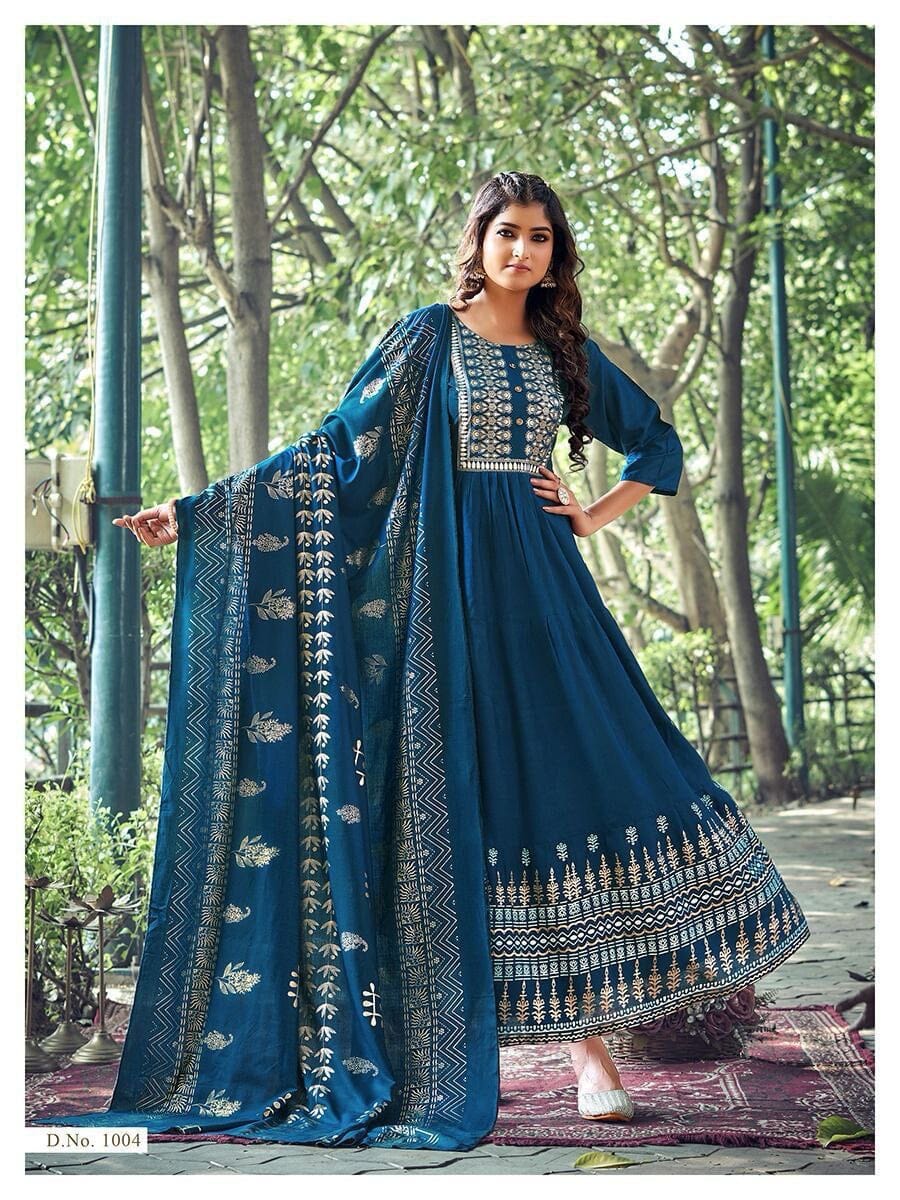 1004 Heavy Rayon Foil Printed Long Gown Kurti with Dupatta Gown with Dupatta Shopin Di Apparels 
