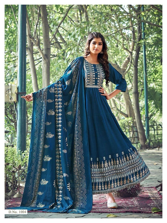 1004 Heavy Rayon Foil Printed Long Gown Kurti with Dupatta Gown with Dupatta Shopin Di Apparels 