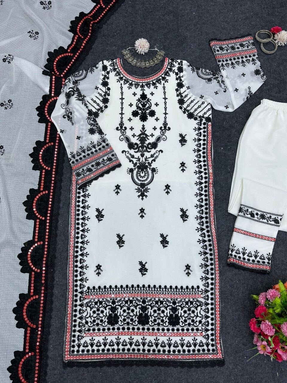 5694 Black and White Combo Faux Georgette Embroidered Designer Pakistani Suit Ready Made Designer Suits Shopin Di Apparels 
