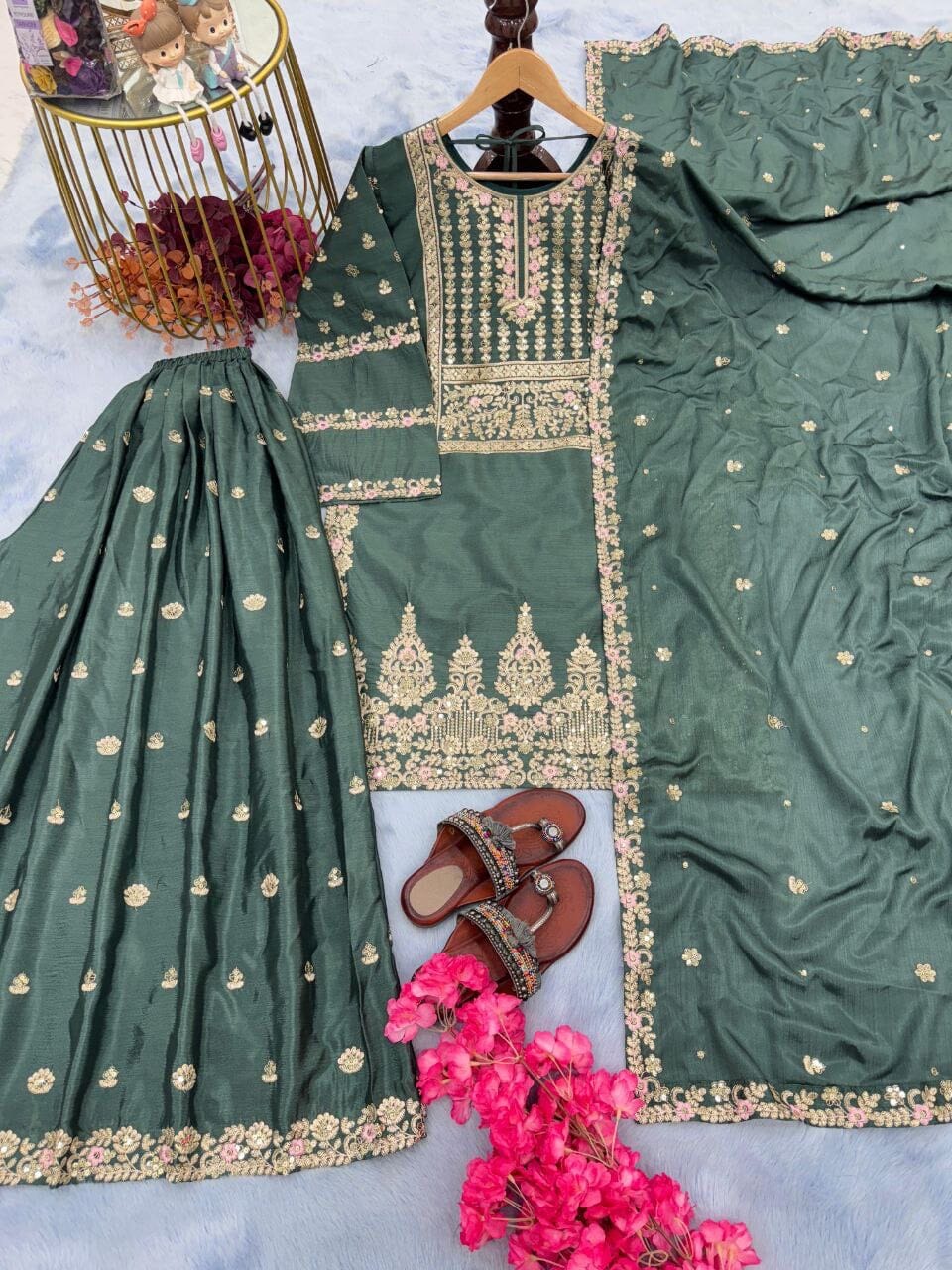 AD 155 Chinnon Silk Designer Georgette Sequence Readymade Plazzo Suit Ready Made Designer Suits Shopin Di Apparels 