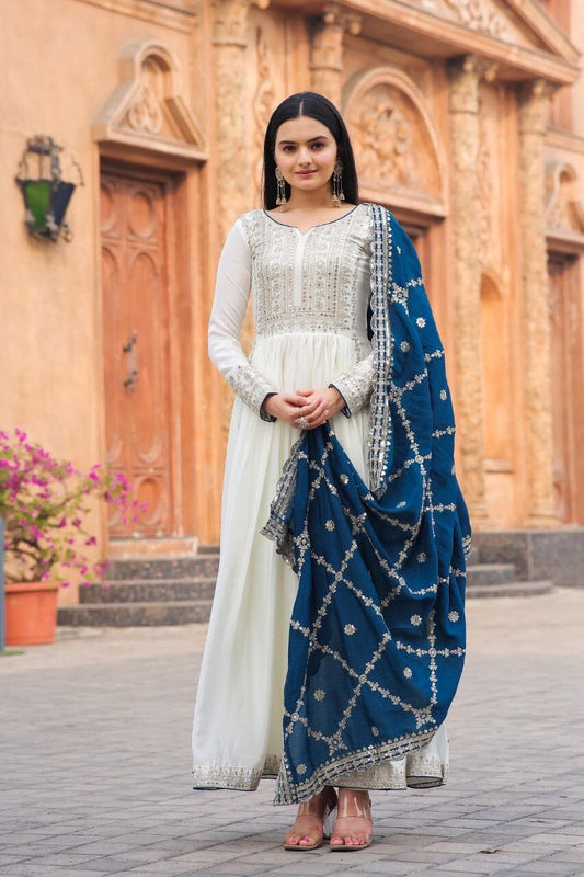 AD157 Blue Pure Chinnon Silk Sequence Work Fancy Anarkali Gown with Dupatta Gown with Dupatta Shopin Di Apparels 