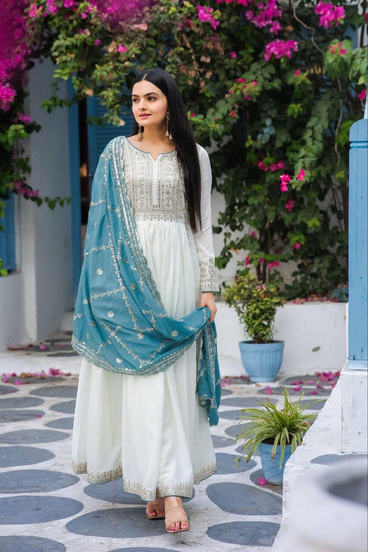 AD157 Light Blue Pure Chinnon Silk Sequence Work Fancy Anarkali Gown with Dupatta and Pant Gown with Dupatta Shopin Di Apparels 