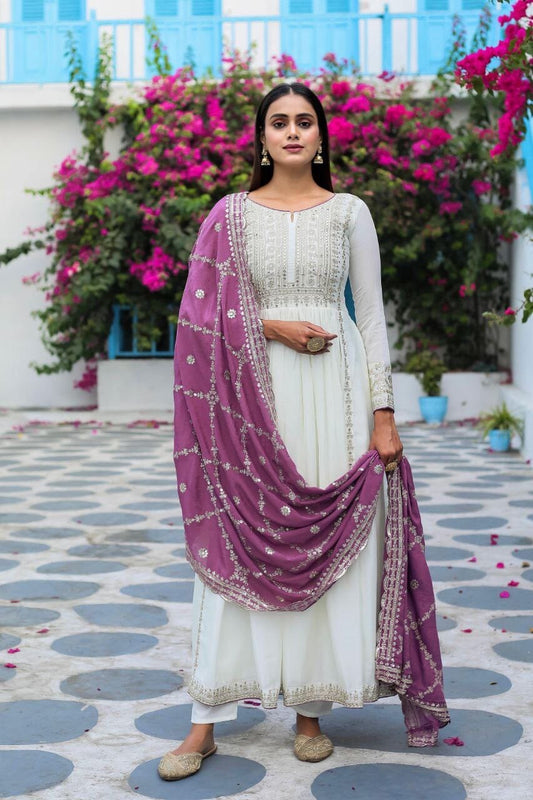 AD157 Light Purple Pure Chinnon Silk Sequence Work Fancy Anarkali Gown with Dupatta Gown with Dupatta Shopin Di Apparels 