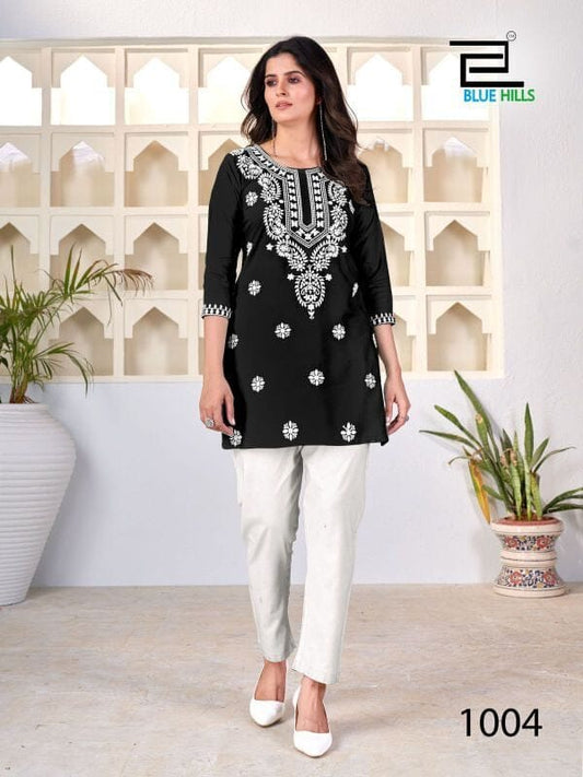 Amelia Dark Black with Lucknavi work Short Kurti Shopin Di Apparels 