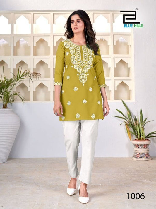 Amelia Dark Olive Green with Lucknavi work Short Kurti Shopin Di Apparels 