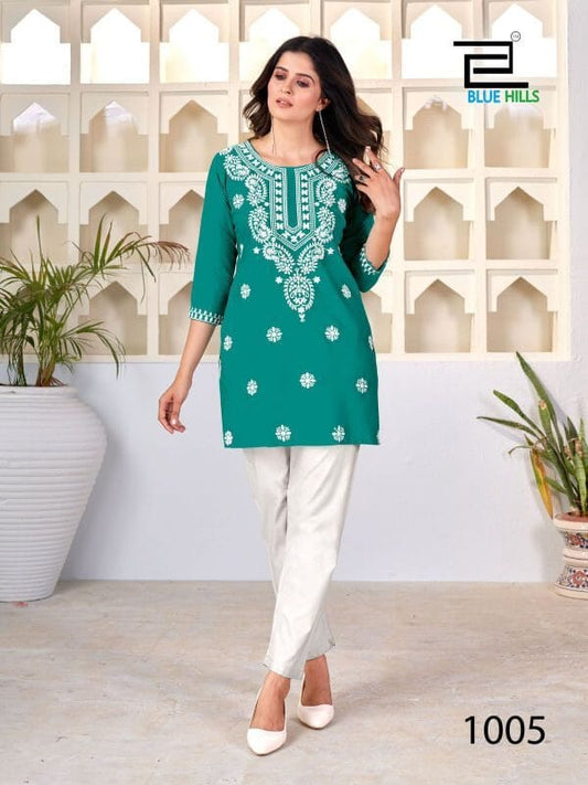 Amelia Dark Rama Green with Lucknavi work Short Kurti Shopin Di Apparels 