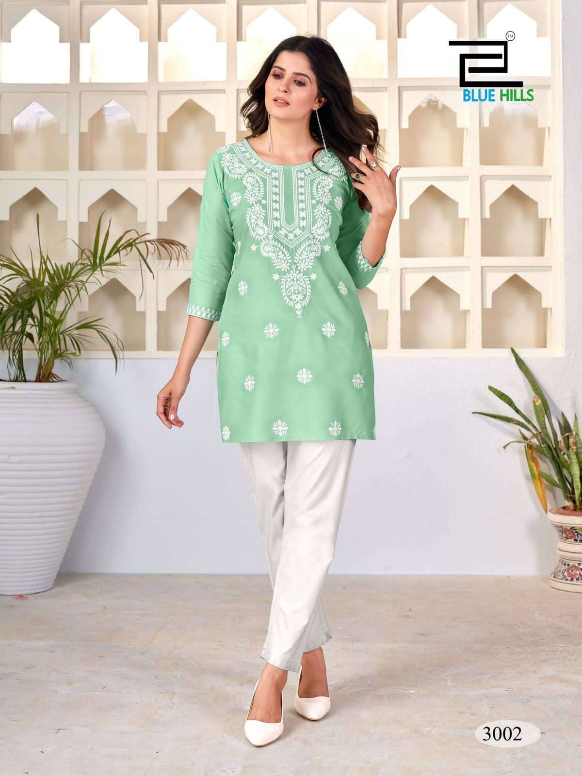 Amelia Light Blue with Lucknavi work Short Kurti Shopin Di Apparels 