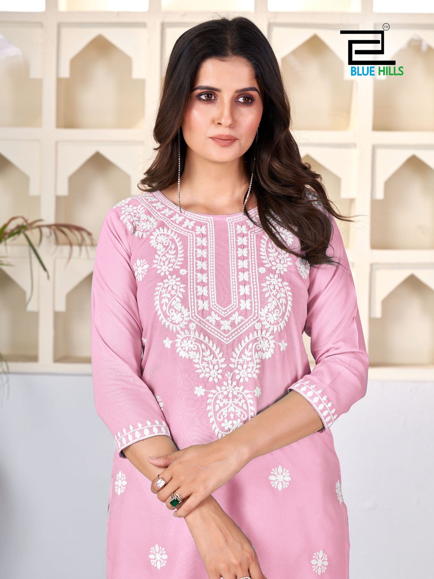Baby Pink Amelia Lucknavi Embroidery Rayon Short Kurti Kurti Shopin Di Apparels 