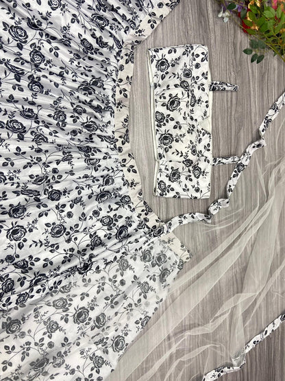 Black and White Premium Chinon Silk Embellished With Beautiful Digital Print With Heavy Cancan Lehenga Suit 3pc lehenga Shopin Di Apparels 