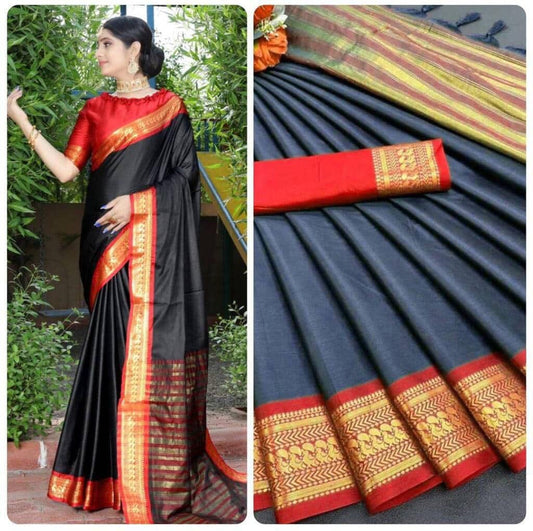 Black Aura Silk Saree with matching blouse Silk Cotton Saree Shopin Di Apparels