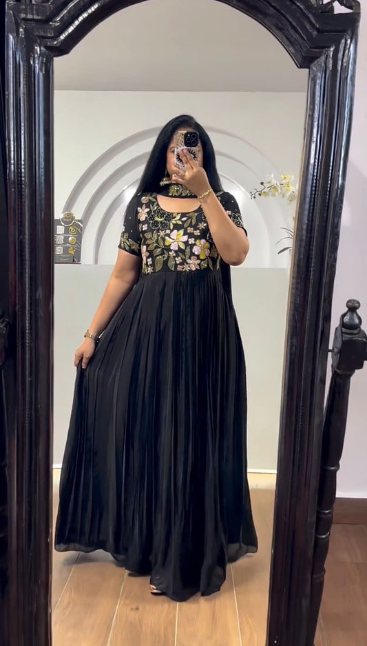Black Designer Embroidered Flair Anarkali Gown with Dupatta Gown with Dupatta Shopin Di Apparels 