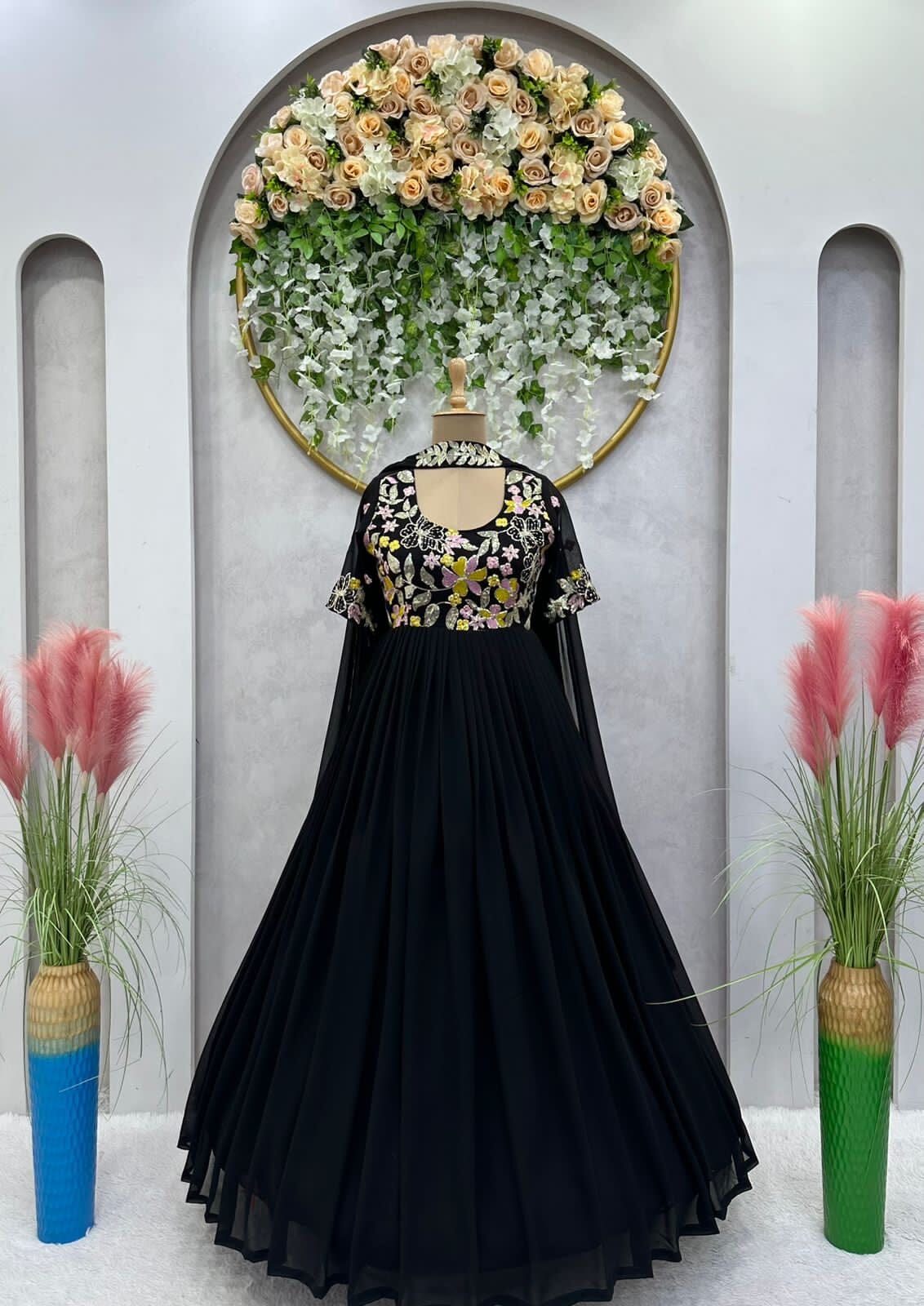 Black Designer Embroidered Flair Anarkali Gown with Dupatta Gown with Dupatta Shopin Di Apparels 