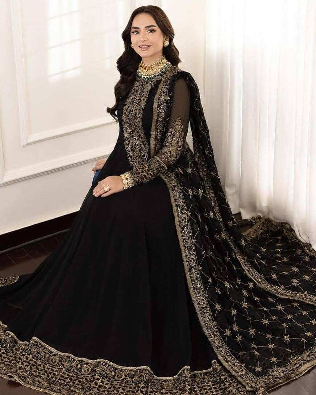 Black Designer Party Wear Embroidered Sequence Work Gown with Dupatta Gown with Dupatta Shopin Di Apparels 