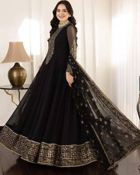 Black Designer Party Wear Embroidered Sequence Work Gown with Dupatta Gown with Dupatta Shopin Di Apparels 